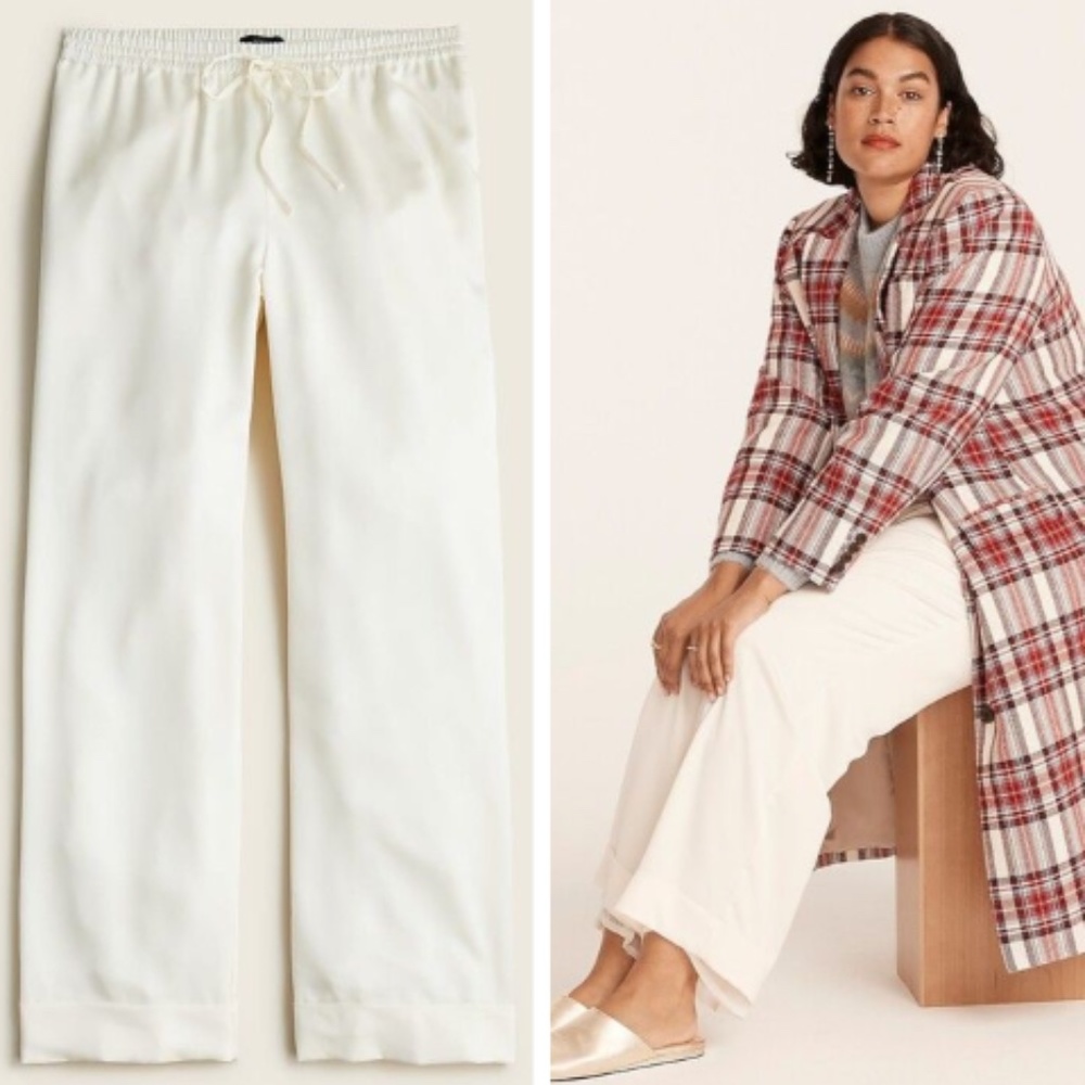 J Crew Drawstring Cuffed Crepe Drapey Satin Faux Silk Pants in Ivory White